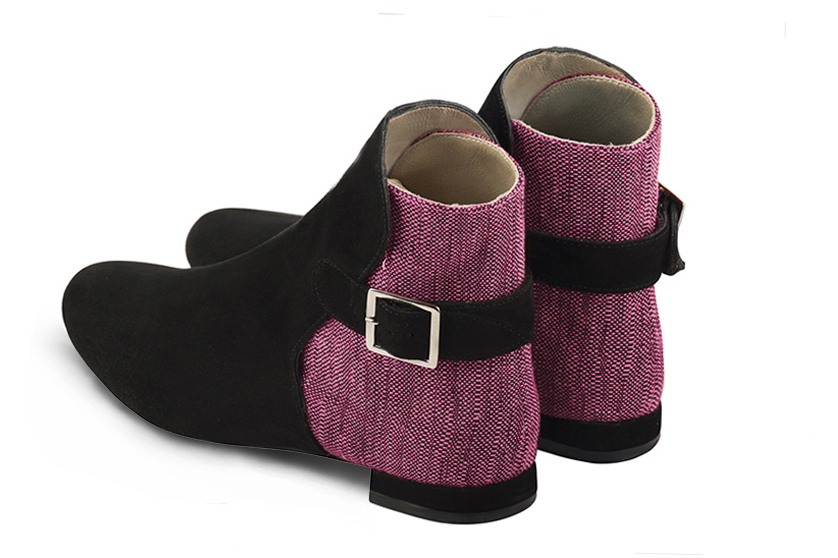 Women's matt black and fuchsia pink elegant ankle boots, with buckles at the back. Round toe. Flat block heels - Rear view
